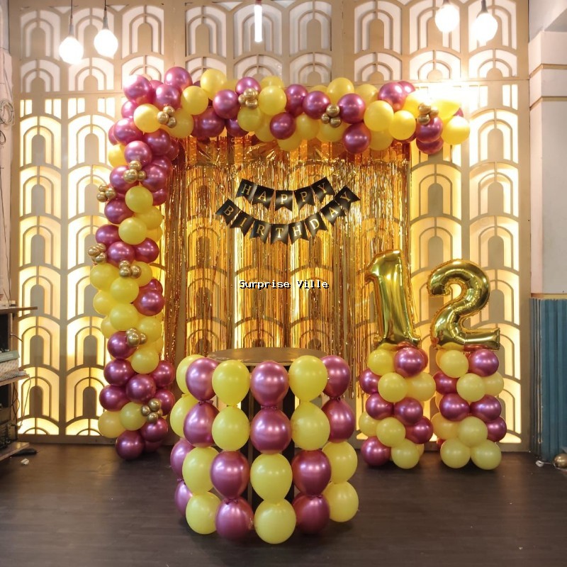 Maroon Yellow 12th Birthday Balloon  Decoration