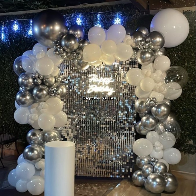 Silver & White Balloon Backdrop with Sequin