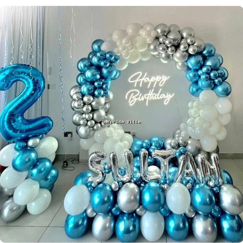 Blue Silver Ring Balloon Arch 2nd Birthday Setup