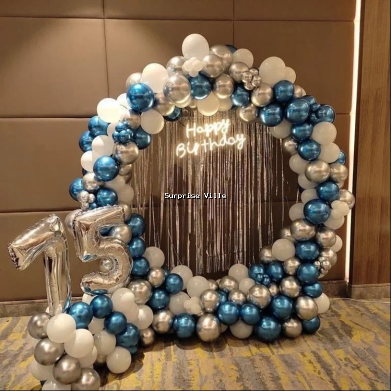 Royal Blue Silver Ring Balloon Arch 15th Birthday Setup
